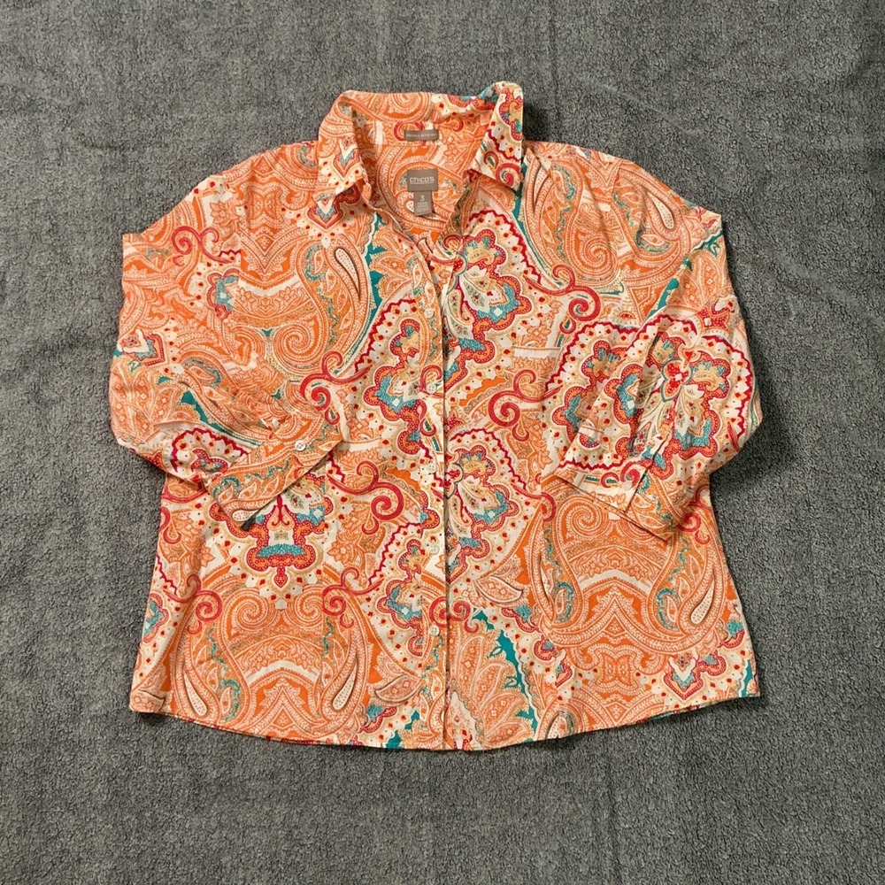 Chicos Wrinkle Resistant Button Down Shirt Orange Paisley 3/4 Sleeve Size 3 XL